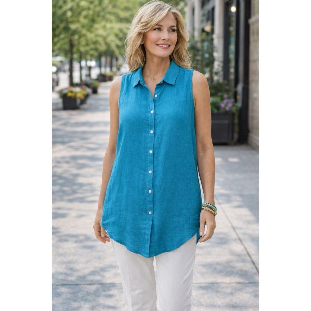 C&C California Size Medium 100% Linen Sleeveless Button Front Tunic Teal Blue